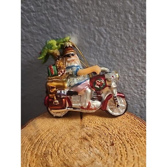Kurt S. Adler Polonaise Glass Tropical Ornament‎ Santa On Motorcycle Christmas - Picture 1 of 3